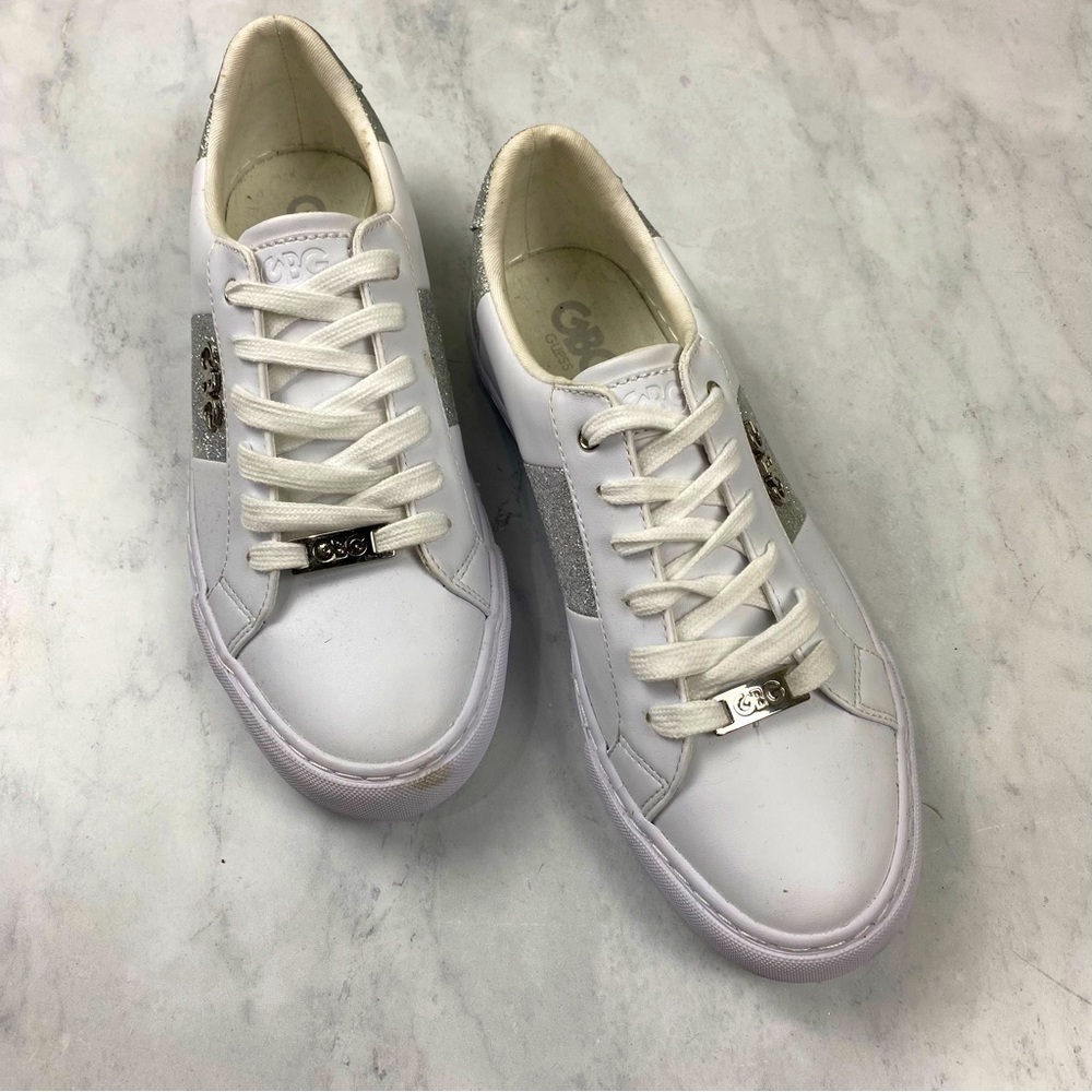 G‎ By Guess: Women's Glitter Shimmer Lace Up Platform White Sneakers Size 8.5